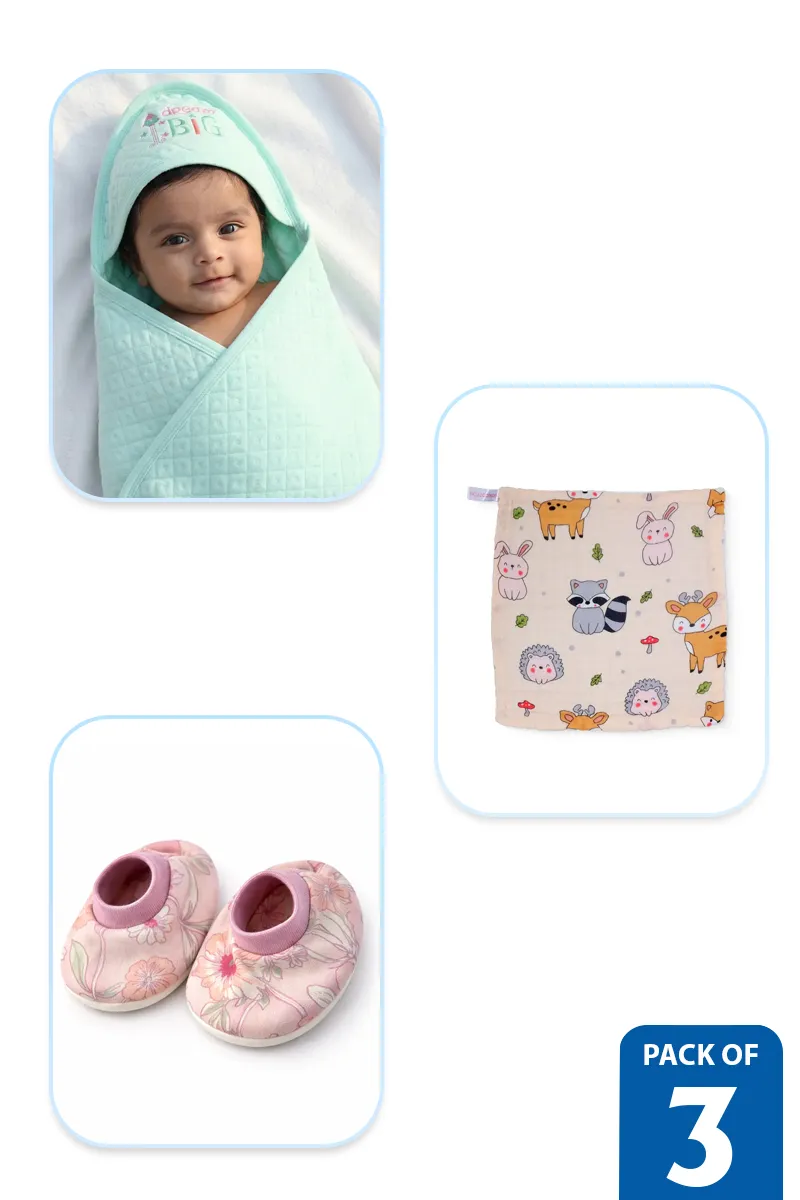 Newborn Essentials Combo Set(Pack of 3) – Cotton Swaddle, Muslin Hanky & Socks/Booties - Multicolor