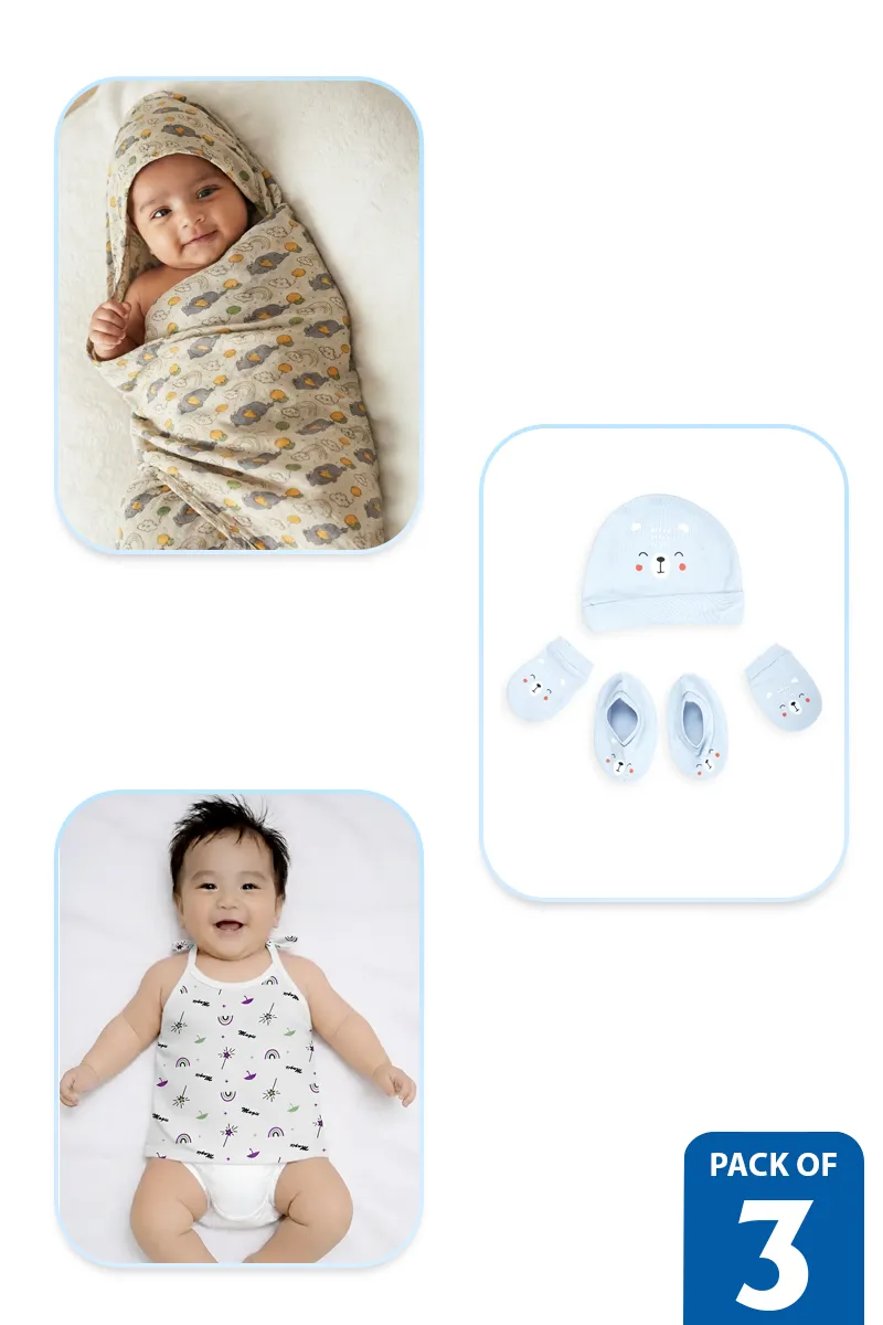 Newborn Essentials Combo Set(Pack of 3) – Cotton Towel, Cap Mitten Booty Set & Knot Jhabla - Multicolor