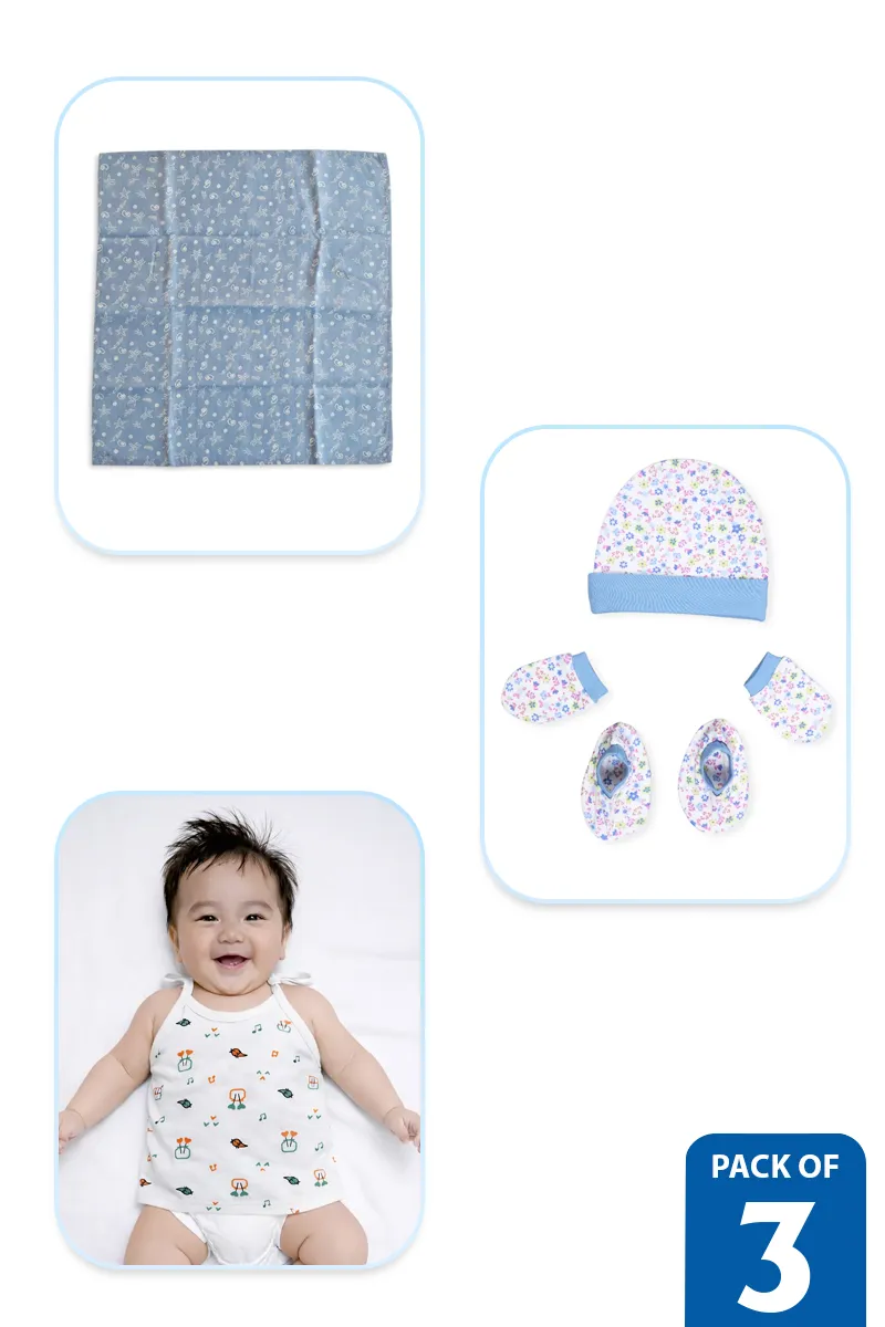 Newborn Essentials Combo Set(Pack of 3) – Cotton Towel, Cap Mitten Booty Set & Knot Jhabla - Multicolor