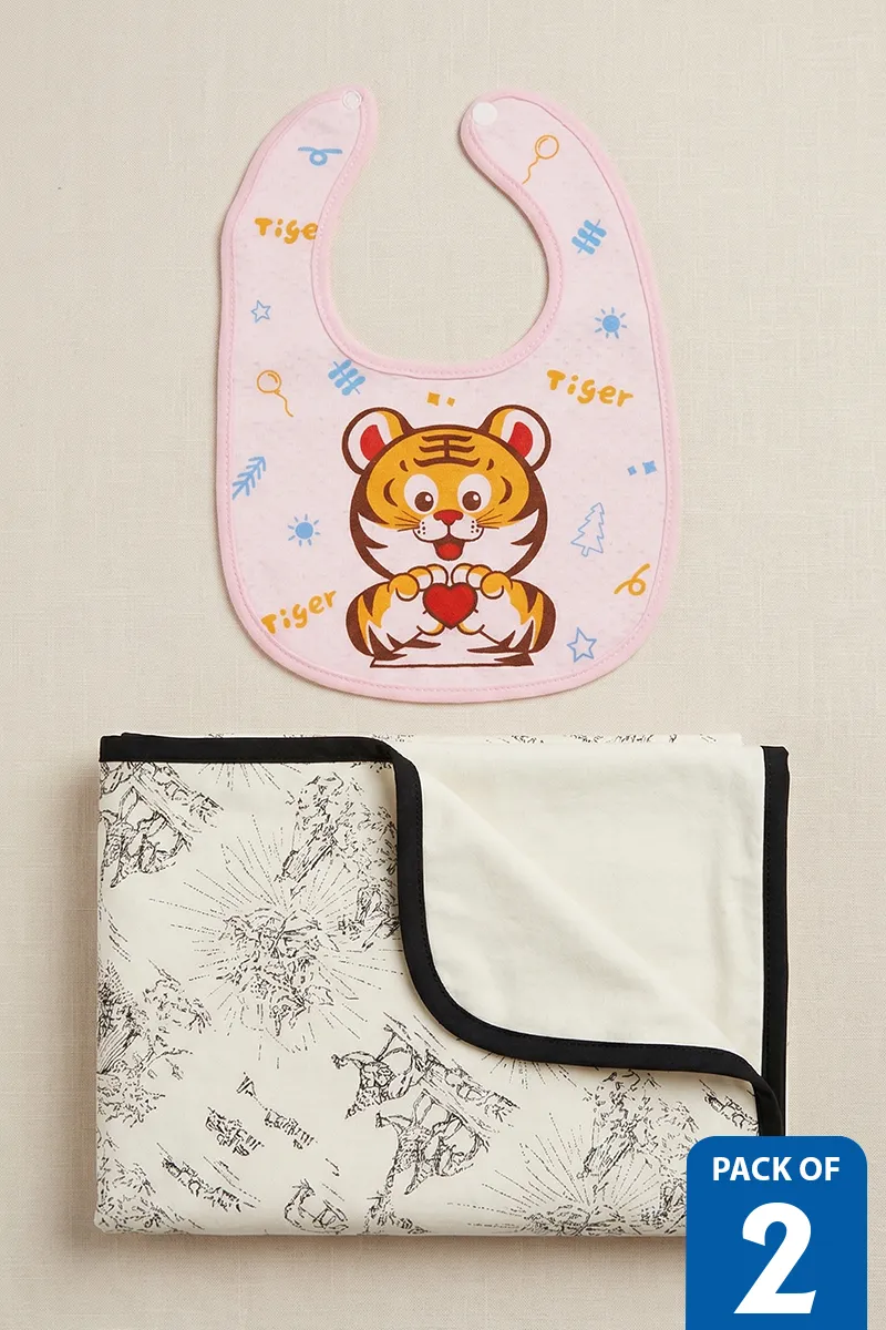 Cotton Blend Baby Bibs & Cotton Solid Swaddle (Pack of 2) - Multicolor