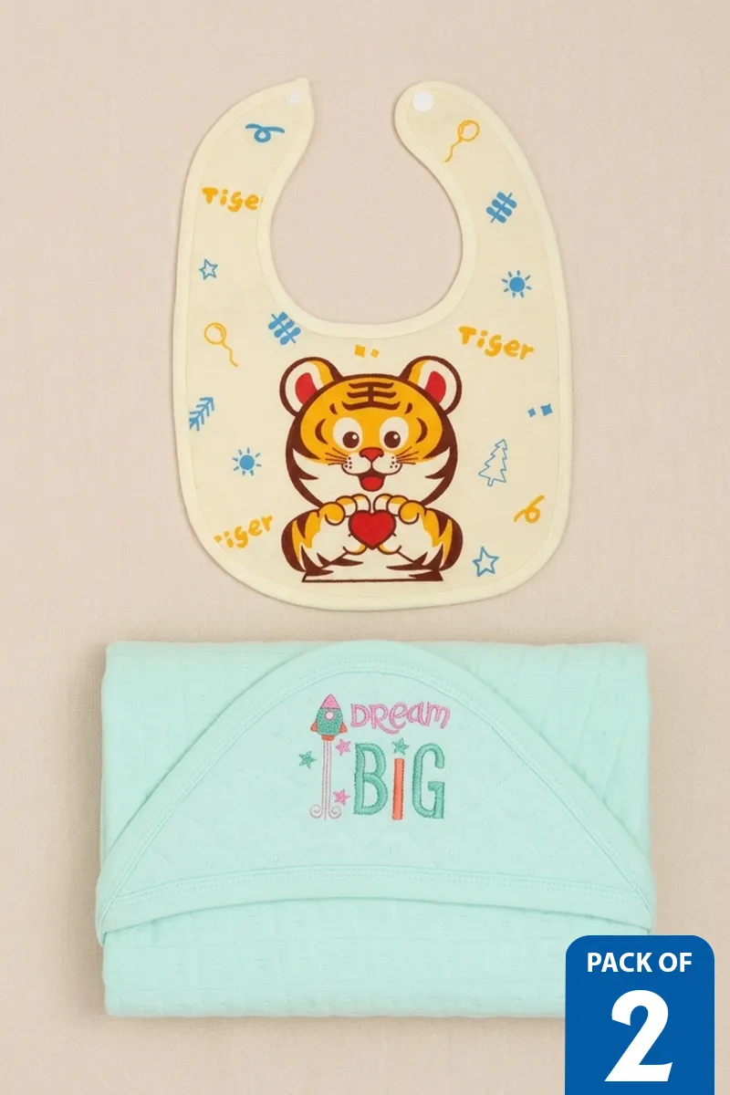 Cotton Blend Baby Bibs & Cotton Printed Swaddle (Pack of 2) - Multicolor