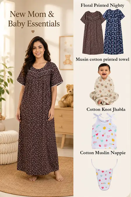 New Mom & Baby Essentials Combo - 2 Feeding Nighties, Baby Towel, Nappies, Jhablas