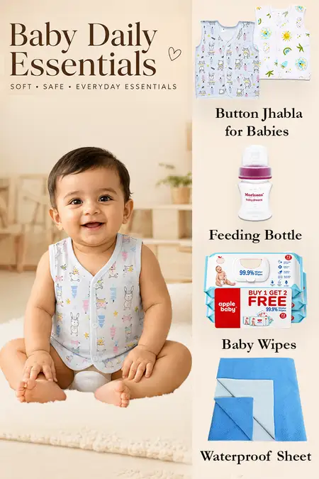 Baby Daily Essentials Combo - 2 Jhablas, Feeding Bottle, Baby Wipes, Waterproof Sheet