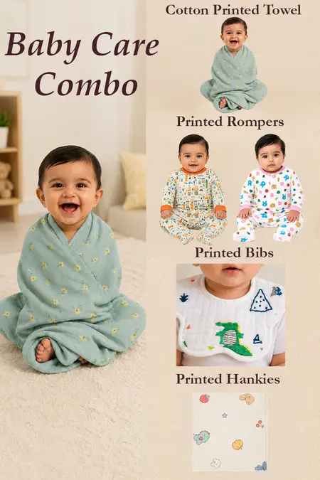Baby Care Combo - 2 Rompers, Bibs, Hankies, Bath Towel