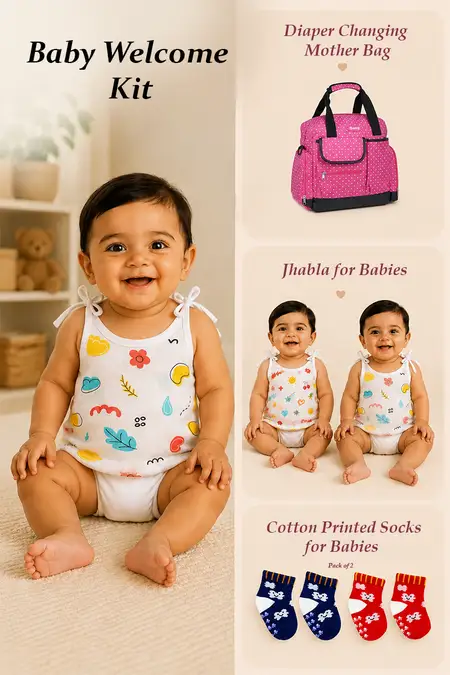 New Born Essentials Combo - 2 Jhablas, Baby Diaper Bag, Pack of 2 Socks