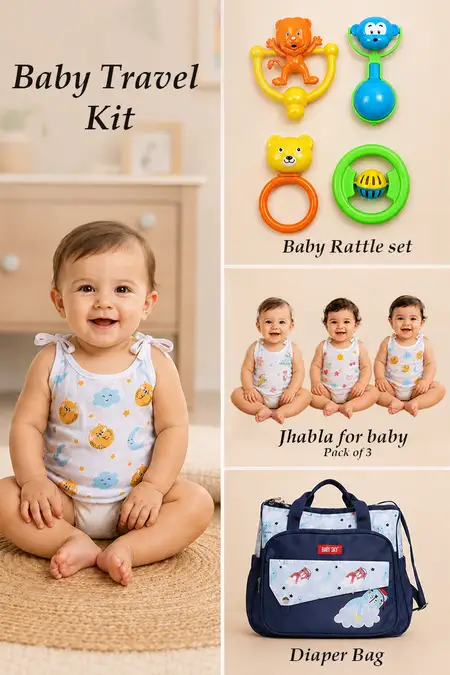 Baby Travel Kit - Pack of 3 Knot Jhablas, Baby Rattle Set, Diaper Bag