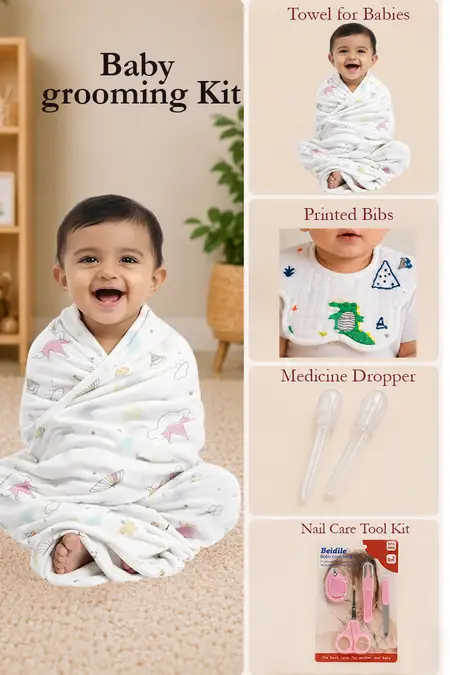Baby Grooming Kit - Nail Care Tool Kit, Medicine Dropper, Baby Towel, Cotton Bibs