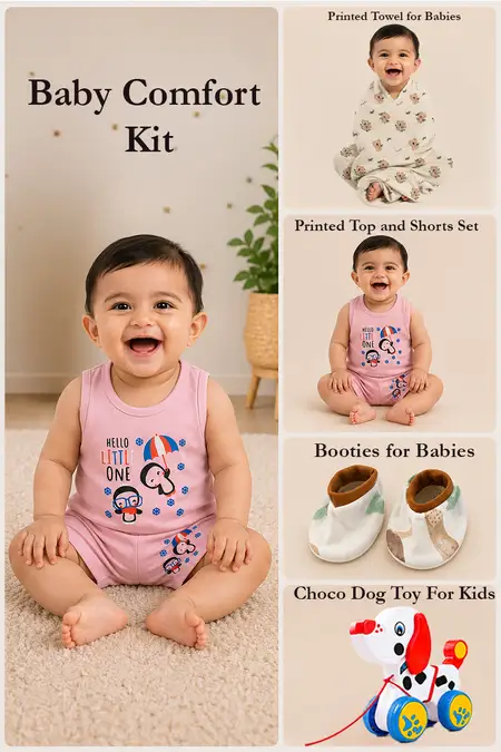 Baby Comfort Kit - Top and Shorts Set, Dog Pull Along Toy, Baby Socks, Baby Towel