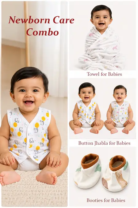 Newborn Care Combo - 2 Button Jhablas, Cotton Towel, Baby Socks