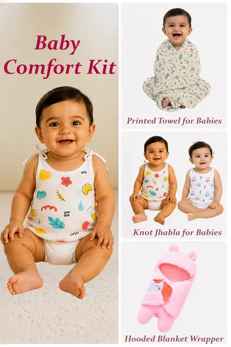 Baby Comfort Kit - 2 Knot Jhablas, Cotton Towel, Hooded Blanket