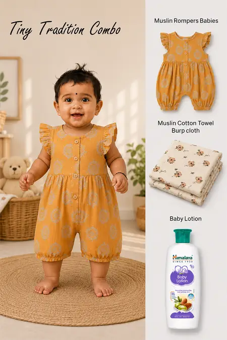 Tiny Tradition Combo - Muslin Rompers, Muslin Cotton Towel & Baby Lotion