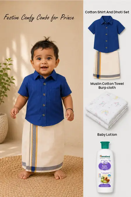 Ethnic Baby Essentials - Cotton Shirt and Dhoti Set, Muslin Cotton Towel & Baby Lotion
