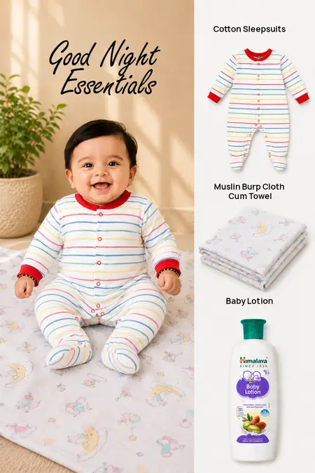 Good Night Essentials - Cotton Rompers, Baby Lotion & Muslin Towel