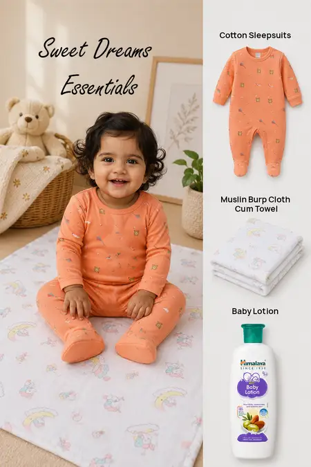 Sweet Dreams Essentials - Cotton Rompers, Baby Lotion & Muslin Towel