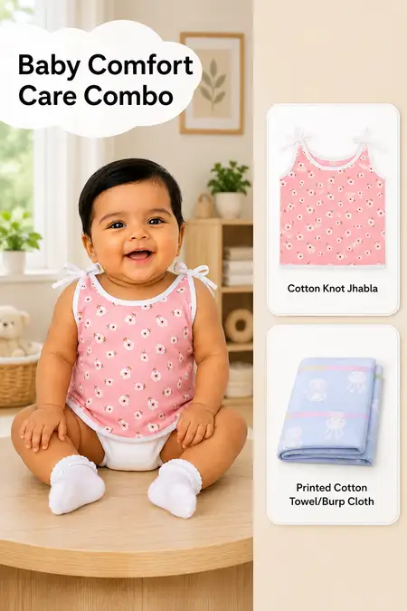 Baby Comfort Care Combo - Cotton Jhabla & Towel/Burp Cloth