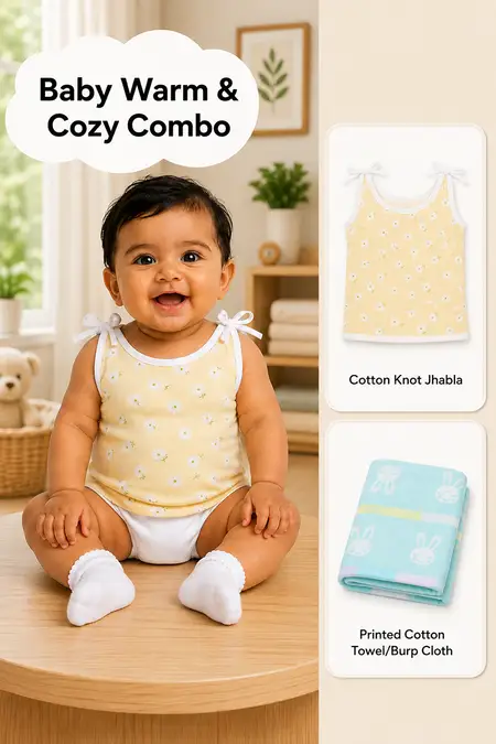Baby Warm & Cozy Combo - Cotton Jhabla & Towel/Burp Cloth
