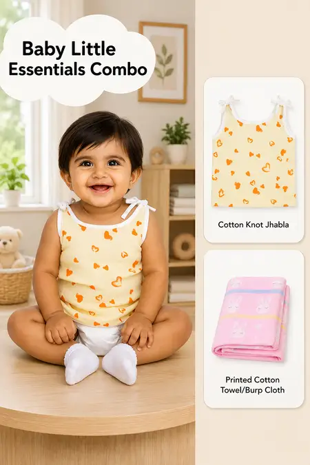 Baby Little Essentials Combo - Cotton Jhabla & Towel/Burp Cloth
