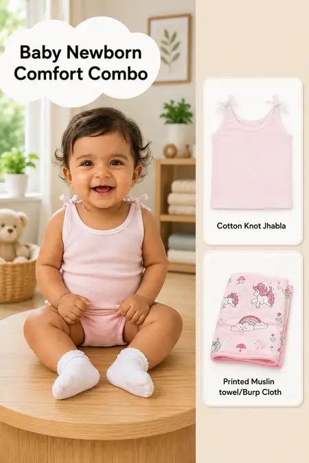 Baby Newborn Comfort Combo - Cotton Jhabla & Muslin Towel/Burp Cloth