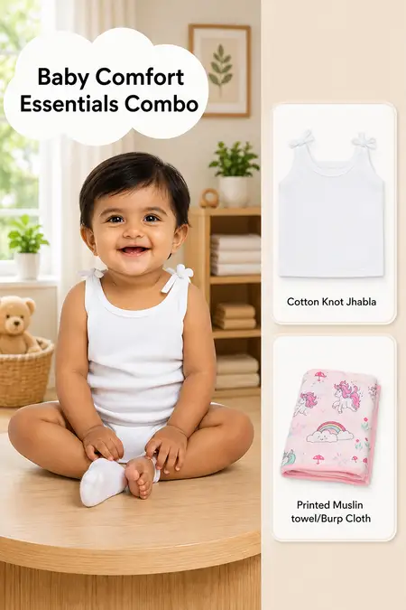 Baby Comfort Essentials Combo - Cotton Jhabla & Muslin Towel/Burp Cloth