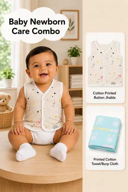 Baby Newborn Care Combo - Cotton Jhabla & Towel/Burp Cloth