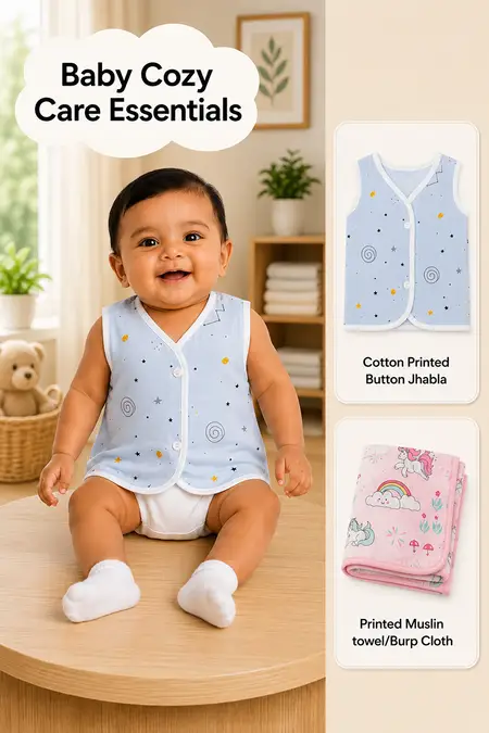 Baby Cozy Care Essentials - Cotton Jhabla & Muslin Towel/Burp Cloth