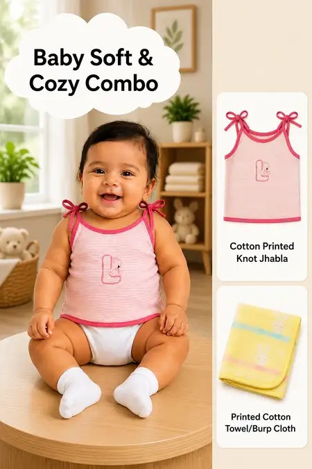 Baby Soft & Cozy Combo - Cotton Jhabla & Towel/Burp Cloth