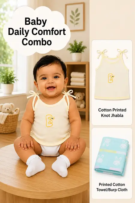 Baby Daily Comfort Combo - Cotton Jhabla & Towel/Burp Cloth