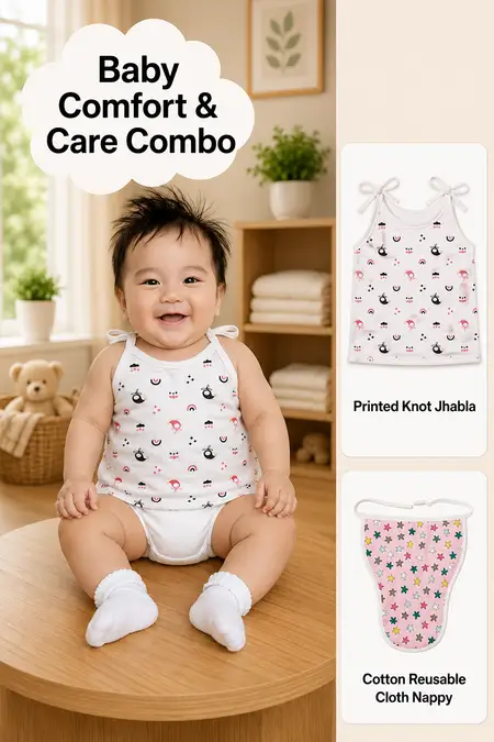 Baby Comfort & Care Combo - Cotton Jhabla & Reusable Cloth Nappy