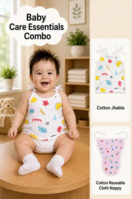 Baby Care Essentials Combo - Cotton Jhabla & Reusable Cloth Nappy