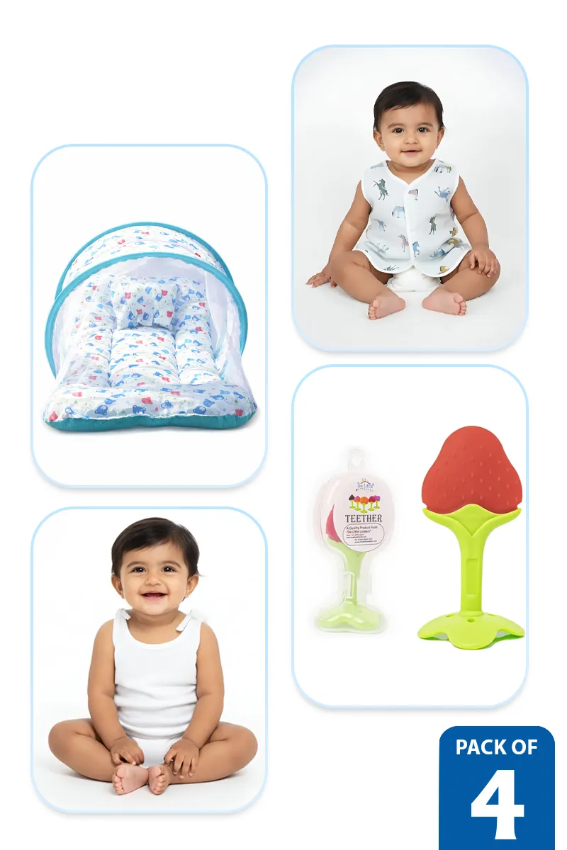 Newborn Essentials Combo(Pack of 4) – Baby Bed, Cotton Jhablas & Silicone Teether - Multicolor