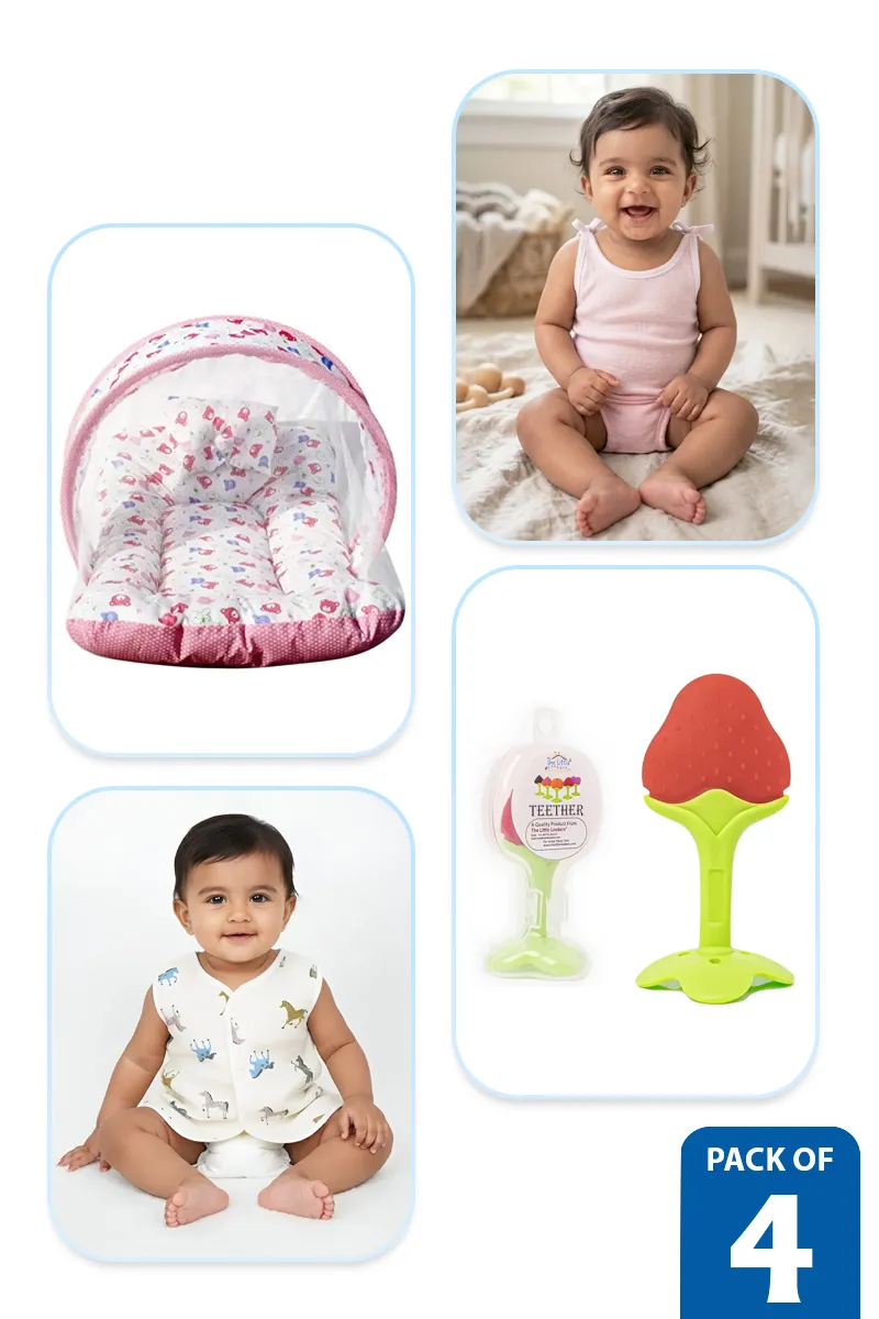 Newborn Essentials Combo(Pack of 4) – Baby Bed, Cotton Jhablas & Silicone Teether - Multicolor