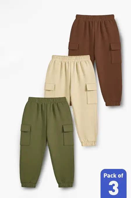 Pack of 3 Solid Cargo Joggers Pant for Boys - Multicolor