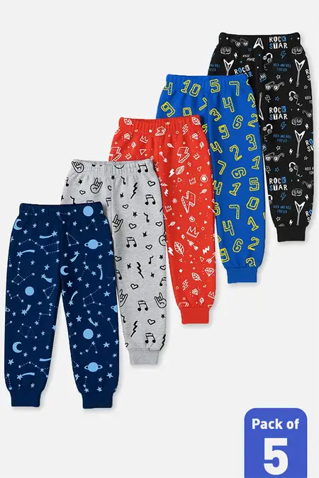 Pack of 5 Graphic Printed Joggers Pant for Boys - Multicolor