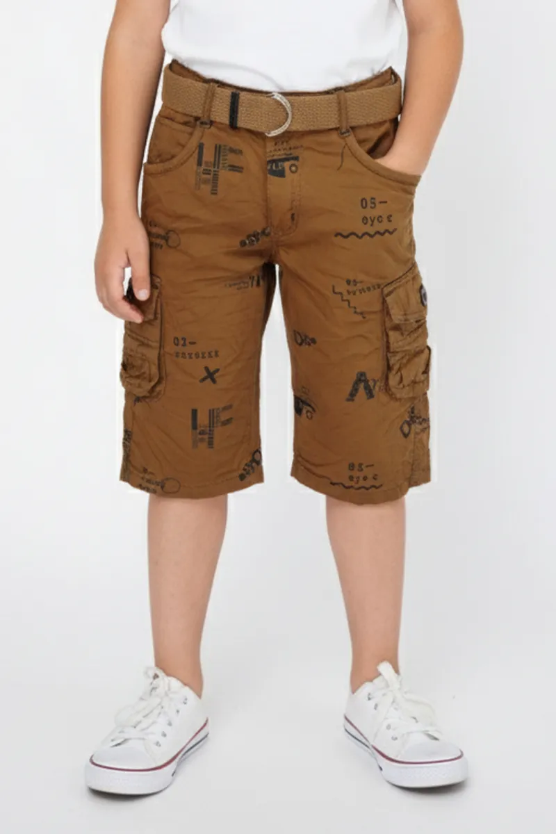 Boy's Cotton Blend Printed Regular Fit Capri Shorts - Khaki