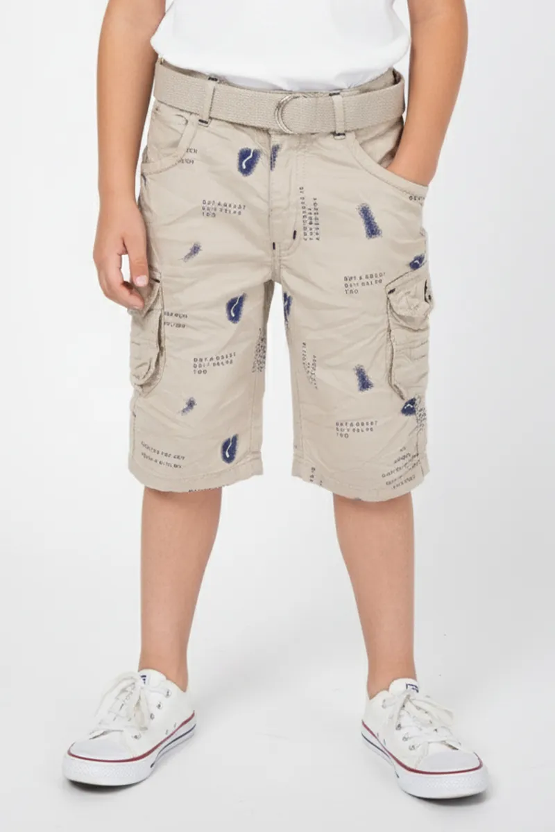 Boy's Cotton Blend Typographic Printed Regular Fit Capri Shorts - Beige CLBC004BEI56YR