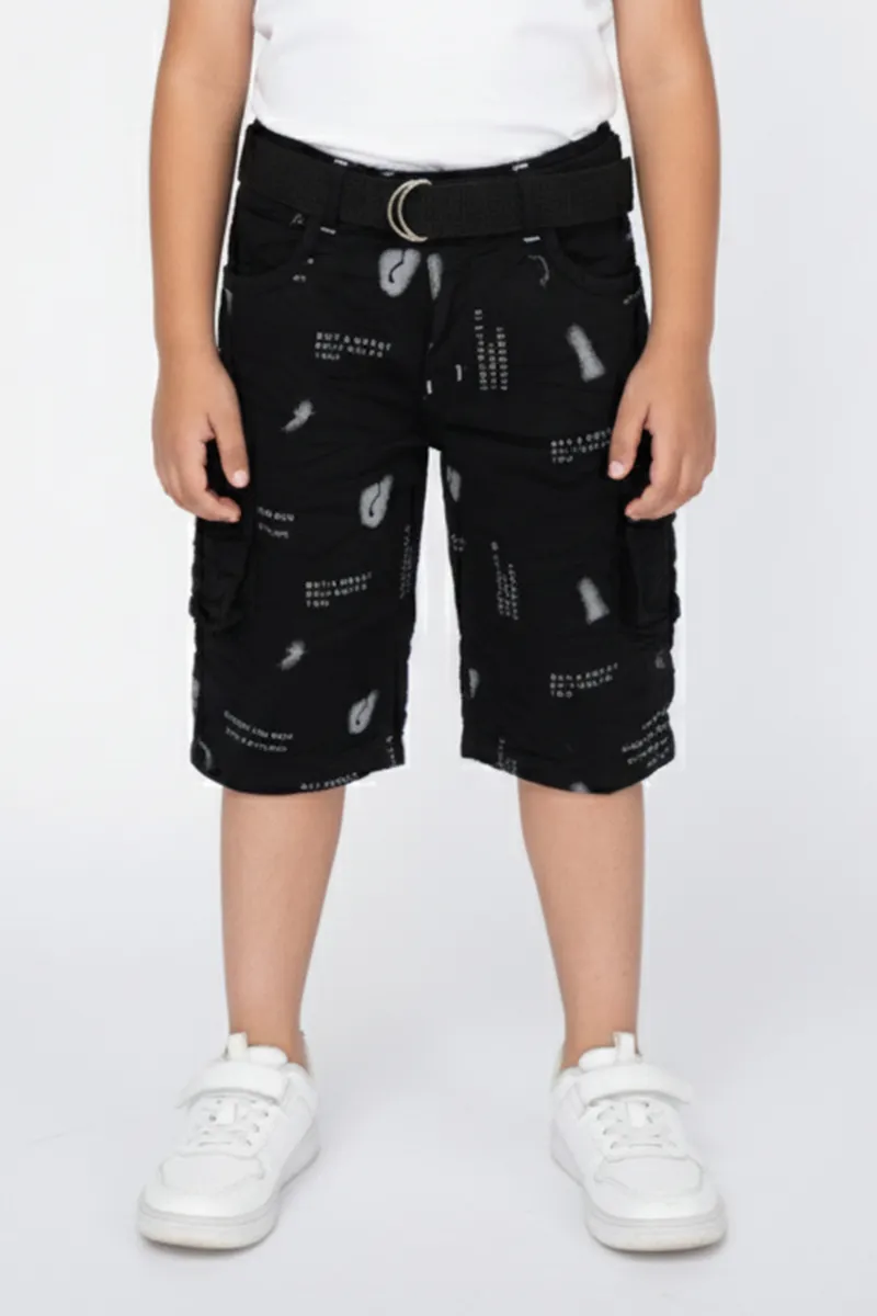 Boy's Cotton Blend Typographic Printed Regular Fit Capri Shorts - Black CLBC004BLA910YR