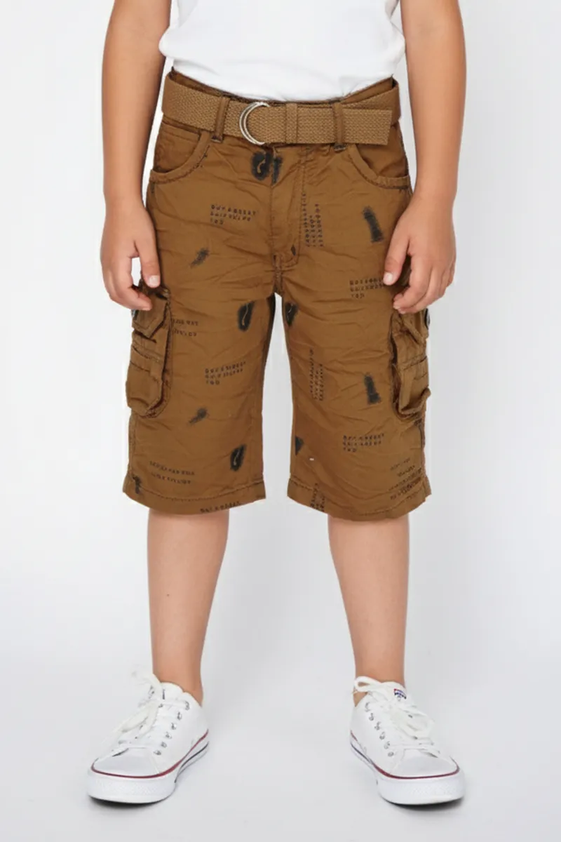Boy's Cotton Blend Typographic Printed Regular Fit Capri Shorts - Khaki CLBC004KHA56YR