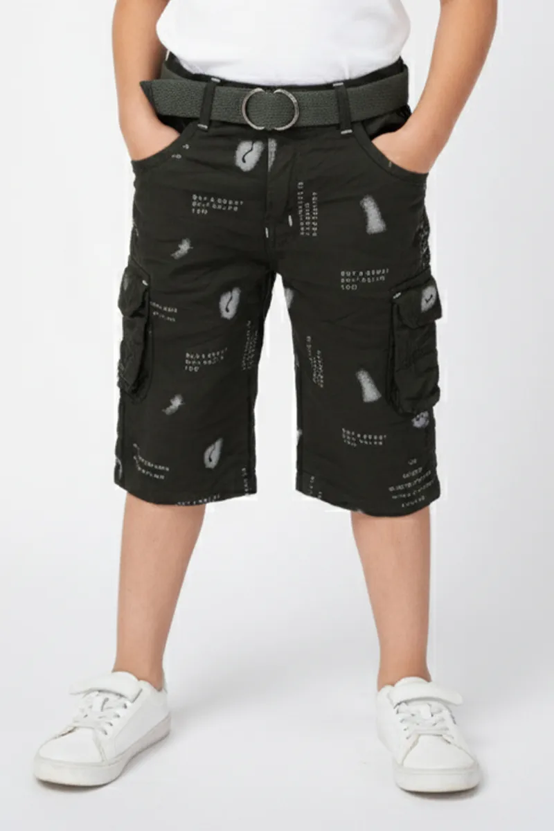 Boy's Cotton Blend Typographic Printed Regular Fit Capri Shorts - Olive CLBC004OLI910YR