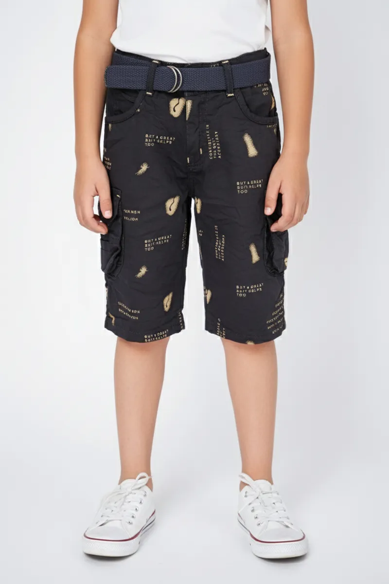 Boy's Cotton Blend Typographic Printed Regular Fit Capri Shorts - Grey