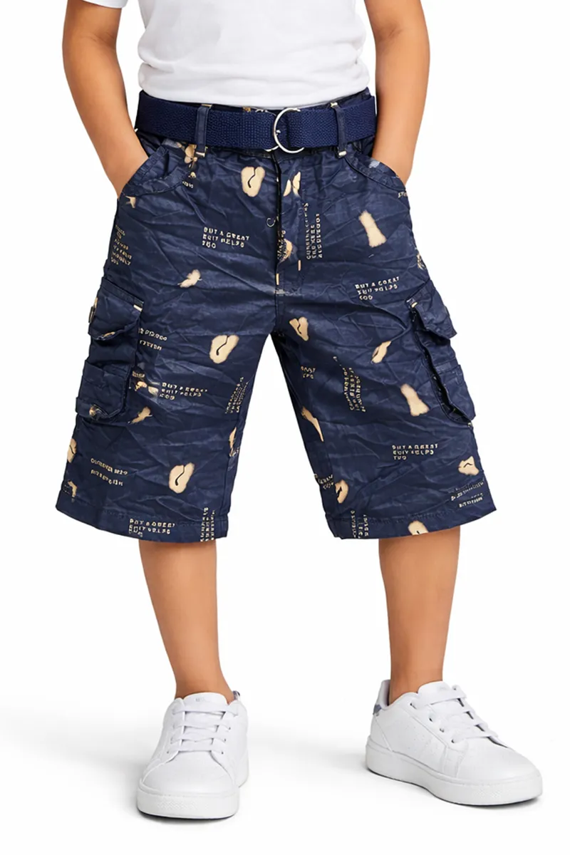 Boy's Cotton Blend Typographic Printed Regular Fit Capri Shorts - Navy Blue