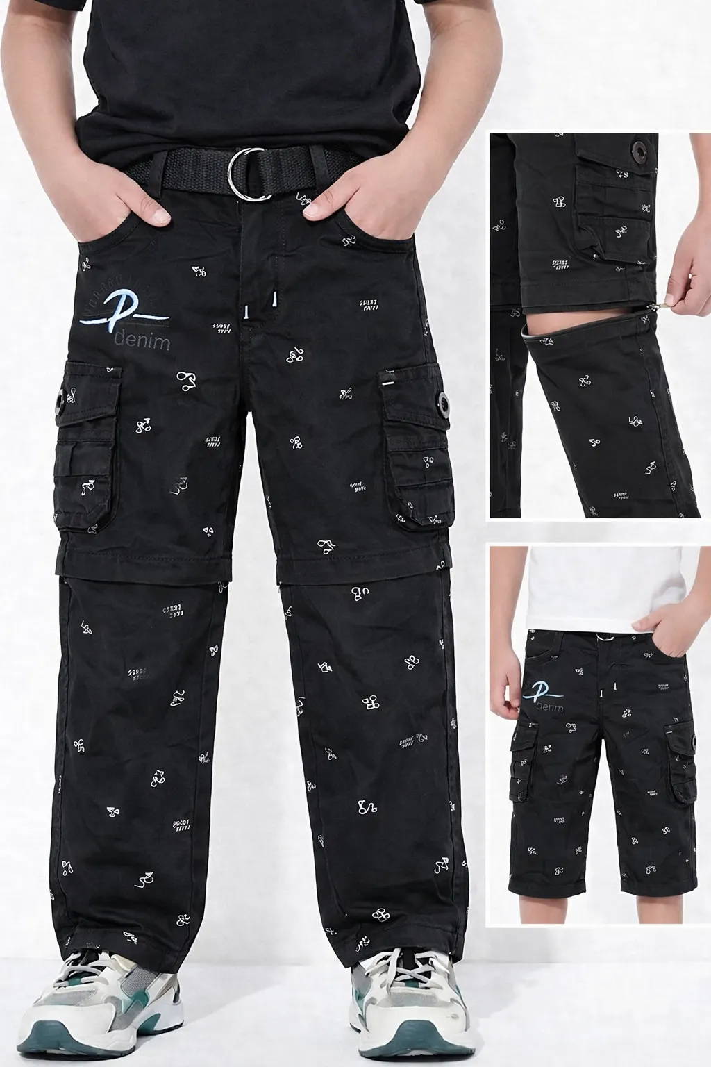 Boys Cotton Blend Regular Fit Convertible Cargo Pant/Capri - Black