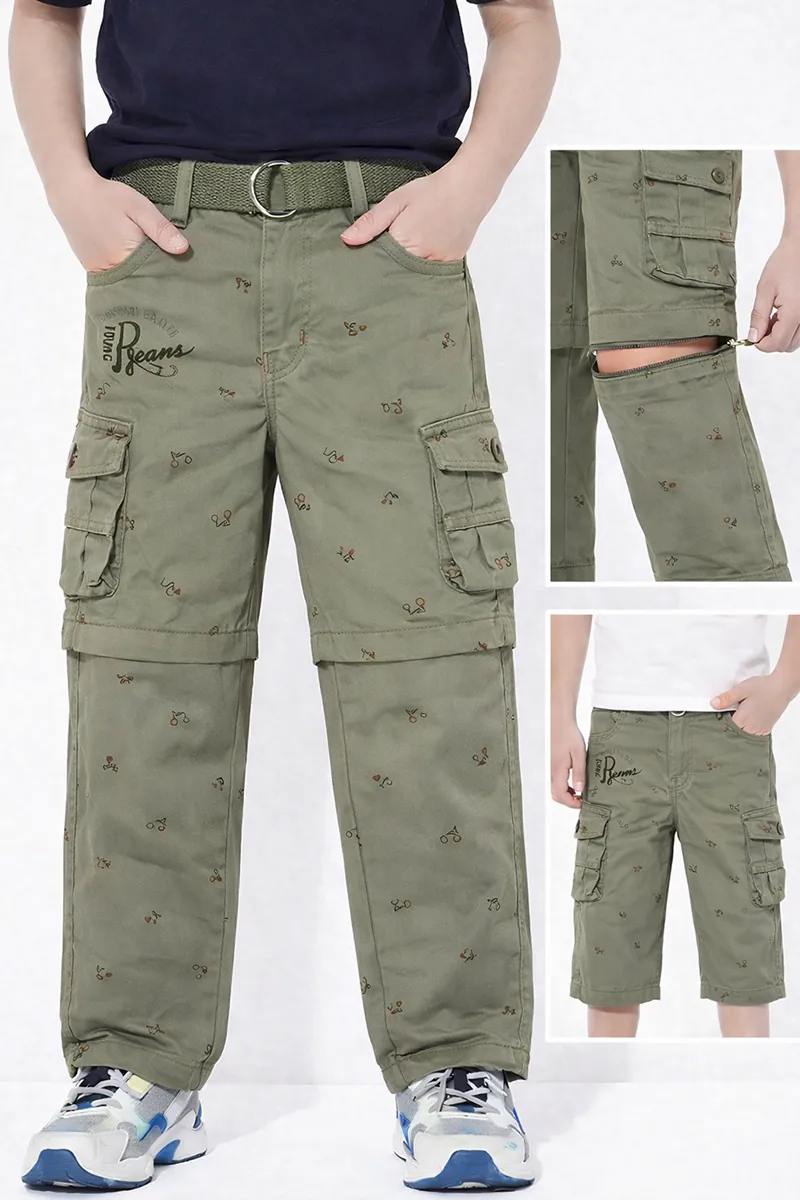 Boys Cotton Blend Regular Fit Convertible Cargo Pant/Capri - Sage