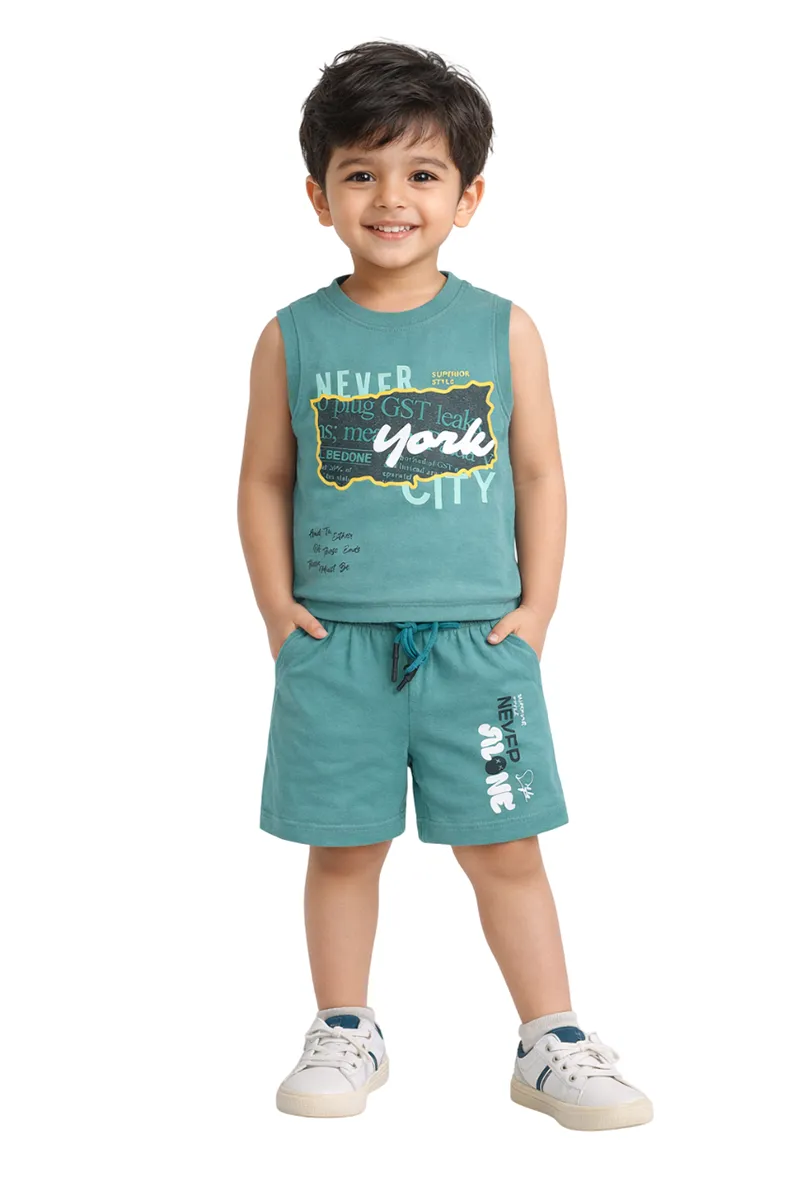 Sleeveless Tencel T-Shirt with Shorts Set for Boys - Green