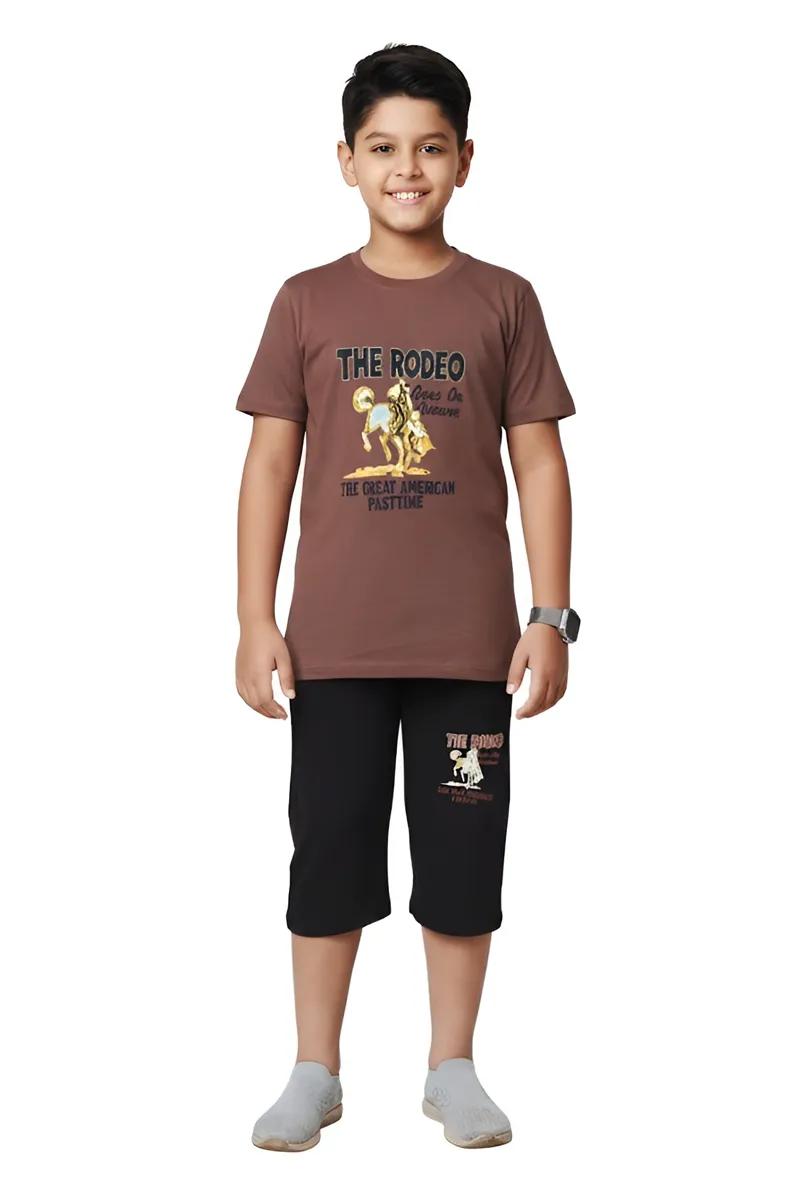 Cotton Printed Capri Pant and T-Shirt Set for Boys - Brown CLBCS002BRO56YR