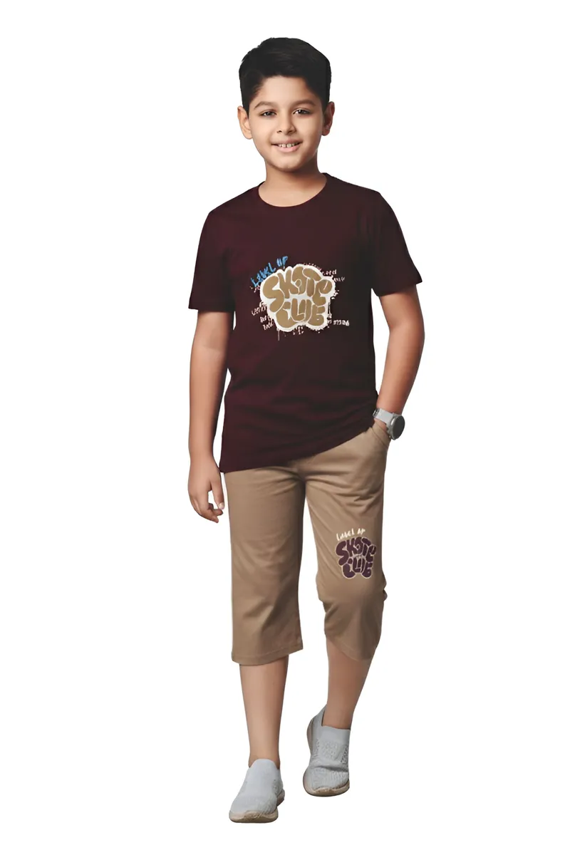 Cotton Printed Capri Pant and T-Shirt Set for Boys - Wine CLBCS003WIN89YR