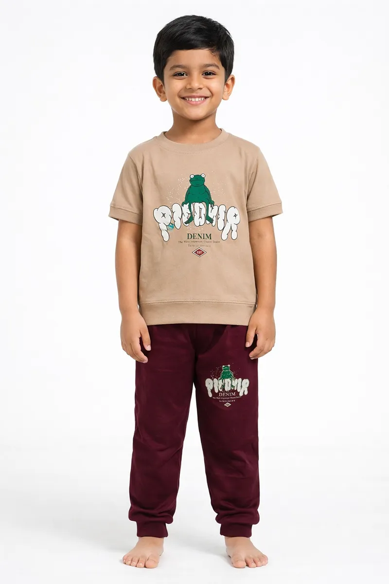 Printed T-Shirt and Pant Set for Boys - Brown