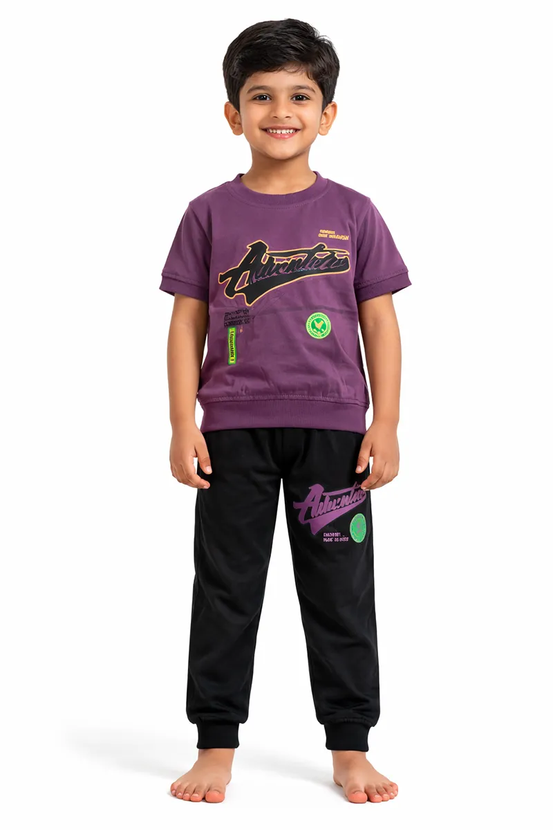 Printed T-Shirt and Pant Set for Boys - Mauve - CLBCS0048MAU12YR