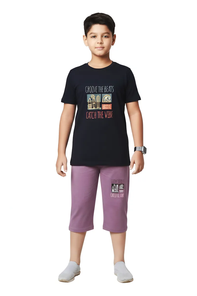 Cotton Printed Capri Pant and T-Shirt Set for Boys - Navy Blue CLBCS004NAV89YR