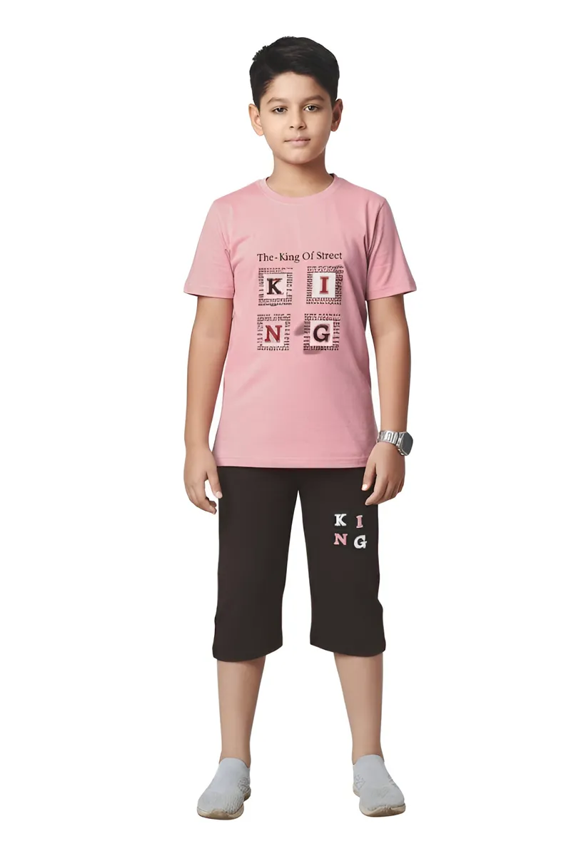 Cotton Printed Capri Pant and T-Shirt Set for Boys - Pink