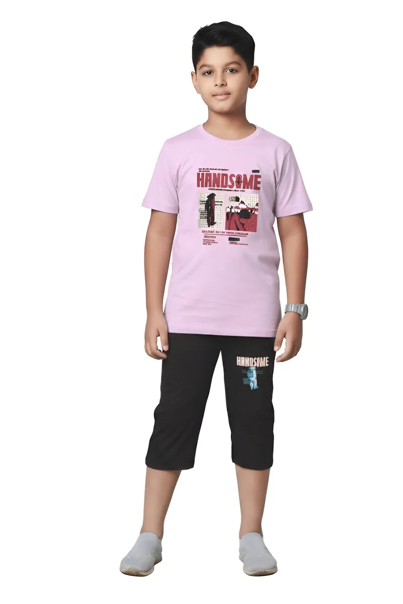 Cotton Printed Capri Pant and T-Shirt Set for Boys - Dusty Pink